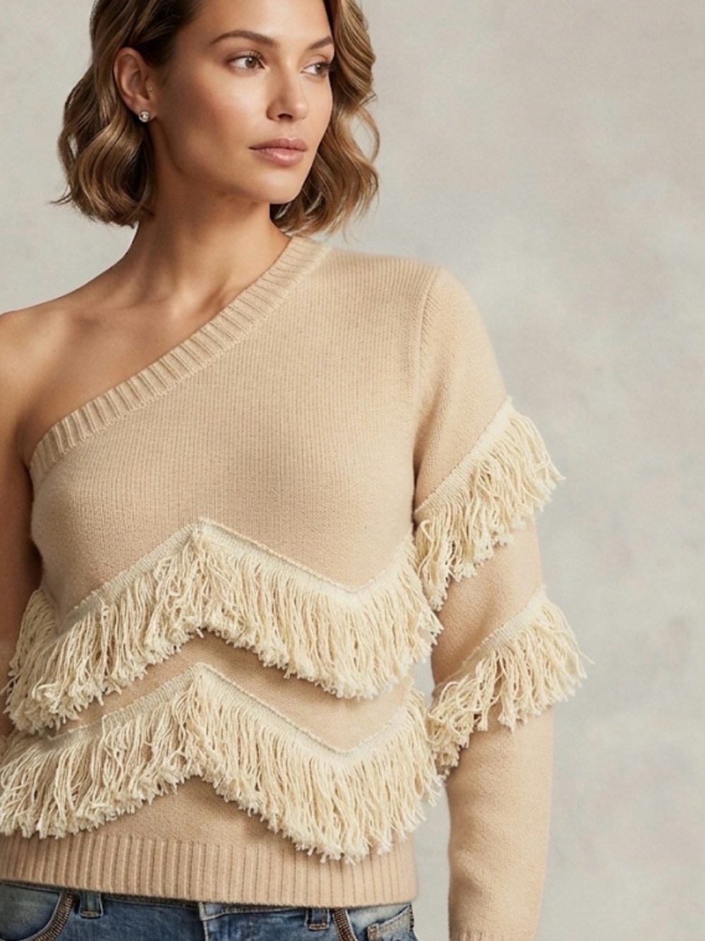 One-Shoulder Fringe Chevron Sweater in Beige